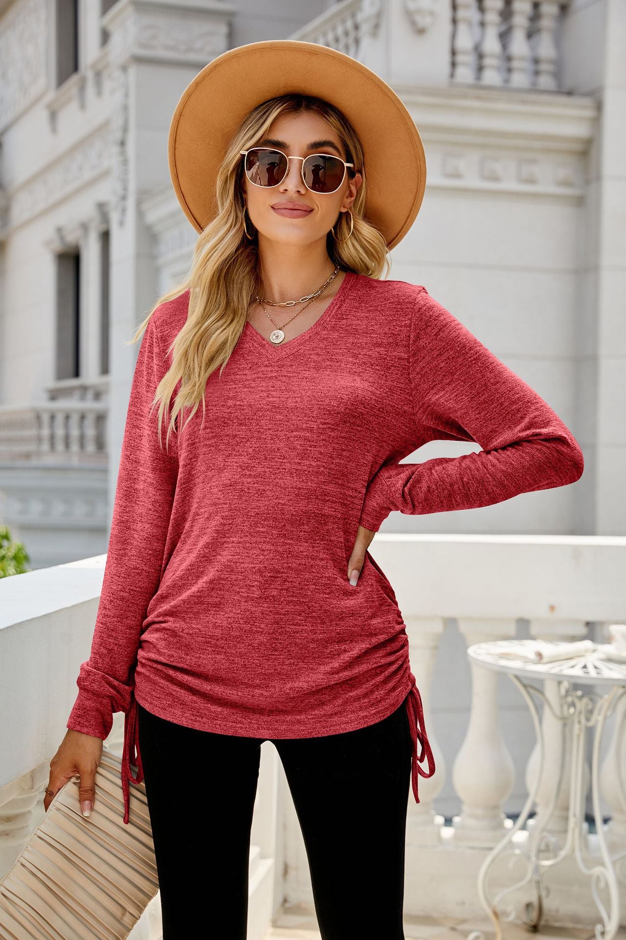 Autumn Winter Solid Color Long Sleeve V neck Pleating Loose itting T shirt Top Ladies