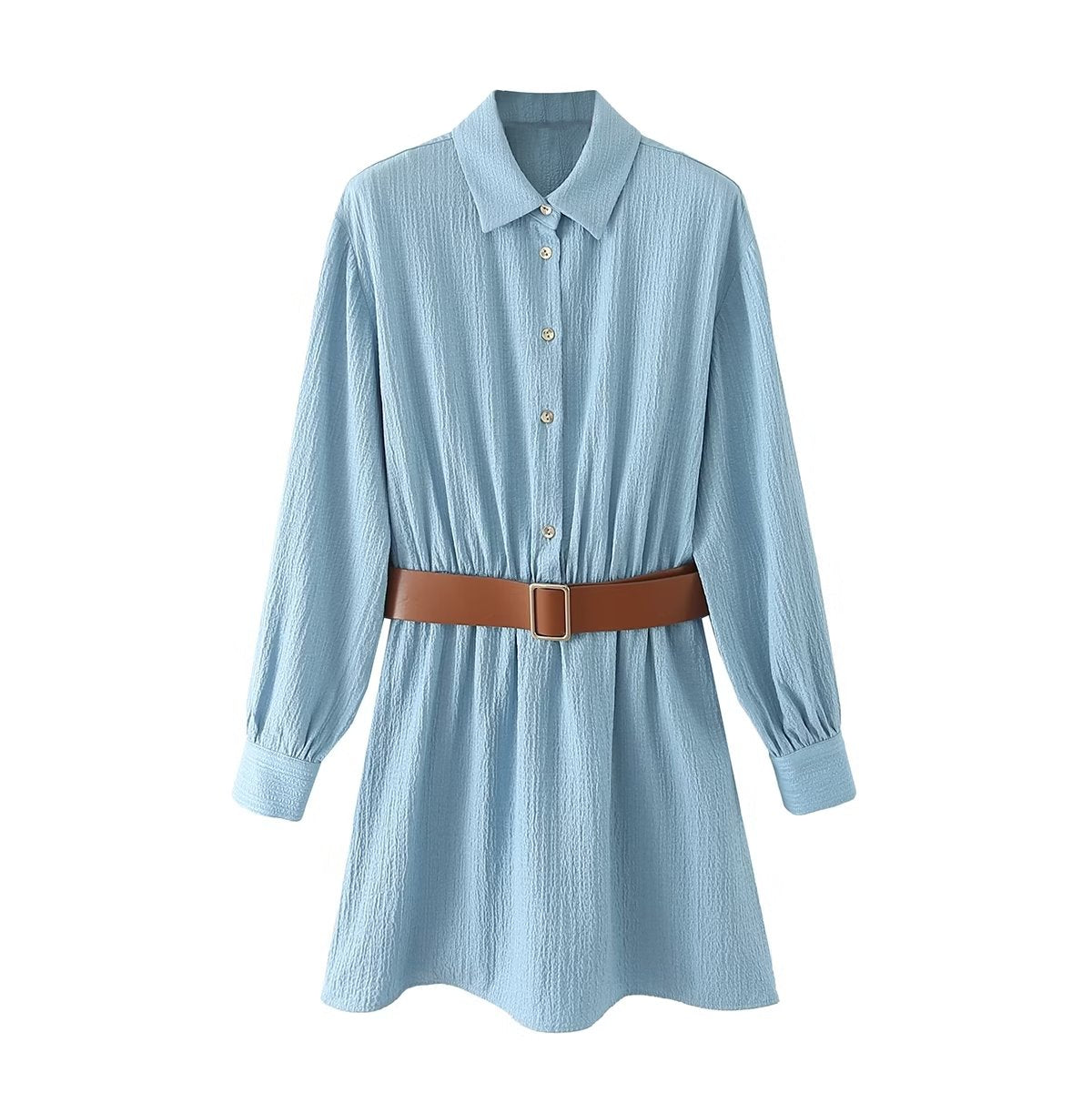 Women Clothing Autumn Preppy Long Sleeve with Belt Shirt Dress Women