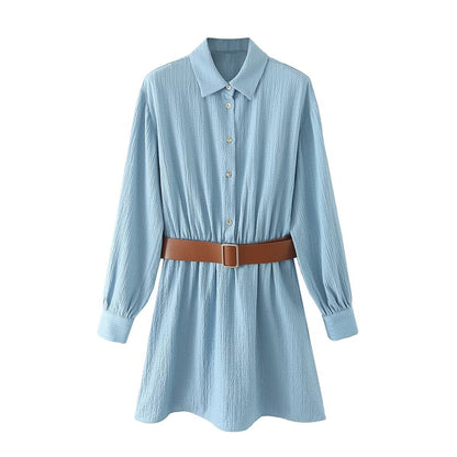 Women Clothing Autumn Preppy Long Sleeve with Belt Shirt Dress Women