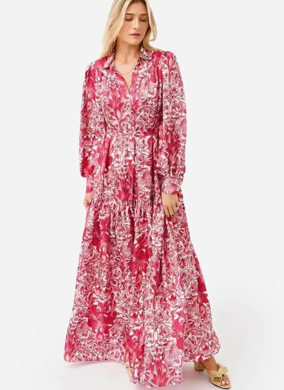 Women Spring Fall Daily Printed Elegant Collared A Line Shirt Maxi Dress