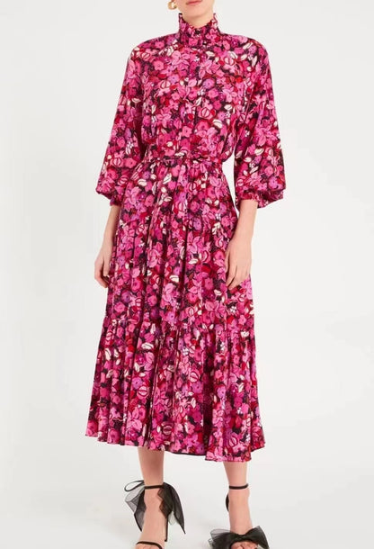 Women Spring Summer Fall Stand Collar Printed Elegant Ruffle Beletd Tiered  Maxi Dress