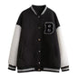 Flocking B Letter Graphic Leather Sleeve Quilted Jacket Varsity Jacket Black White Contrast Color Coat