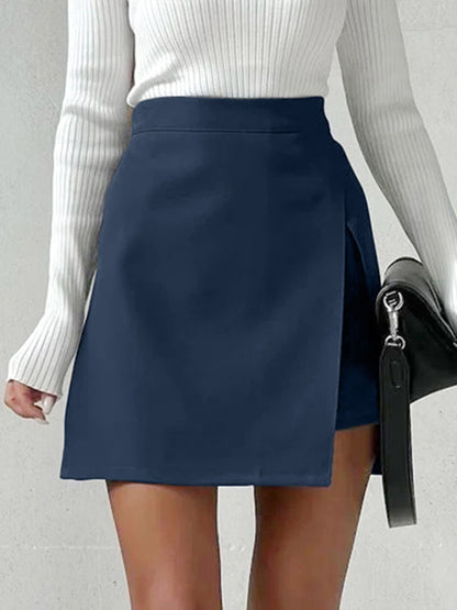 Autumn Winter Office Split Skirt Faux Two Piece High Waist A line Skirt Solid Color Short Skirt for Women