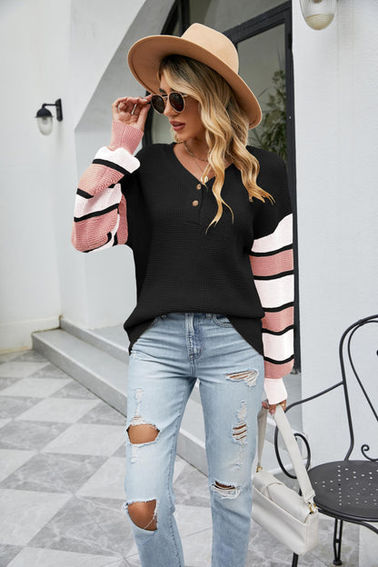 Striped Button Autumn Winter Lantern Sleeve Women sweater