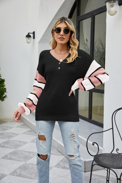 Striped Button Autumn Winter Lantern Sleeve Women sweater