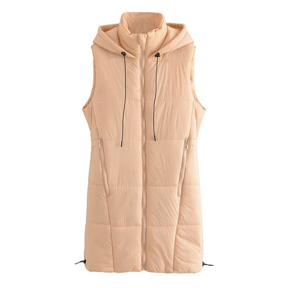 Autumn Hooded Long Vest Casual Simple Drawstring Slim Fit Cotton Padded Jacket Cotton Warm Jacket