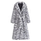 Elegant Graceful Faux Rabbit Fur Striped Coat Autumn Winter Long Trench Coat Polo Collar Waist Controlled Lace up Women Clothing