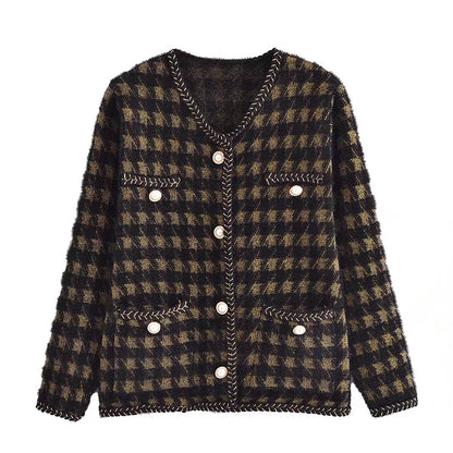 Fall Women Clothing French V neck Loose Houndstooth Knitted Cardigan