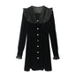 Winter Elegant V Neck Long Sleeve Single Breasted Stitching Velvet Dress Women