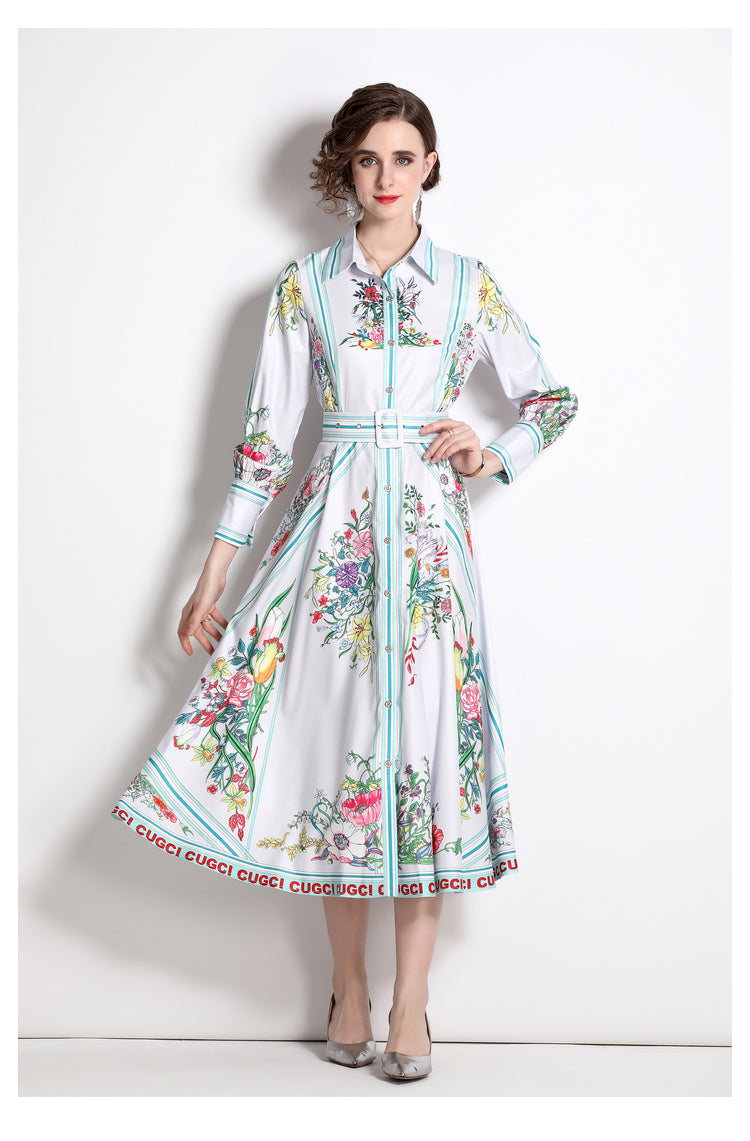 Women Spring Fall Printed Collared Shirt A Line Midi Dress