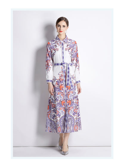 Women Spring Fall Collared Neck Printed Midi A Line Dress