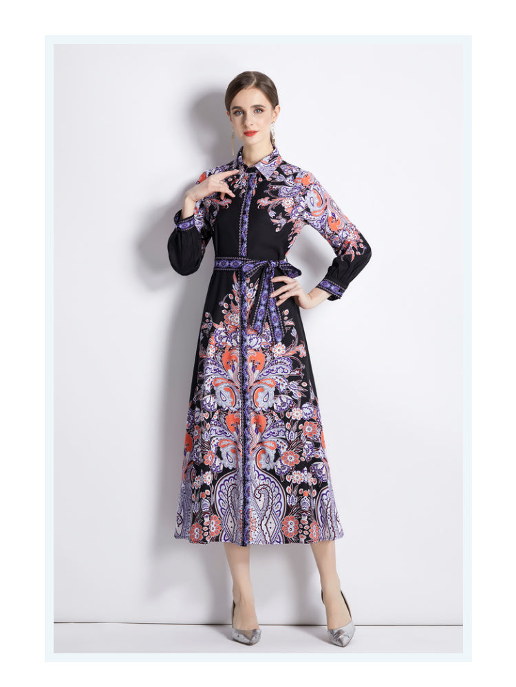 Women Spring Fall Long Sleeve Printed Midi A Line Dress