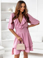 New V Neck Short Sleeve Solid Color Ruffled Waist Dress