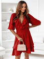 New V Neck Short Sleeve Solid Color Ruffled Waist Dress