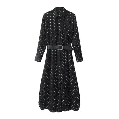 Autumn Women Collared Long Sleeve Printed Shirt Lace up Maxi Dress for Women