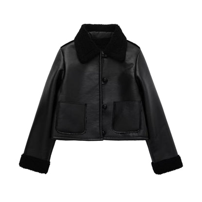 Winter Collared Single Breasted Black Faux Leather Warm Coat Women