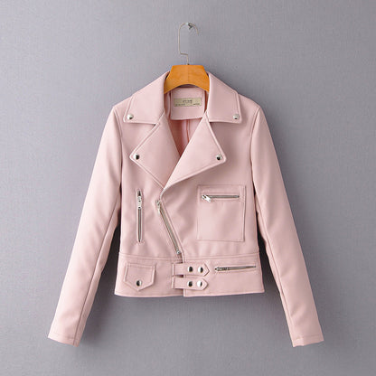 Leather Women Autumn Rivets Waist Tight Solid Color Biker Leather Jacket Washed Faux Leather Jacket