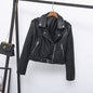 Autumn Epaulet Collared Short Belt Women Faux Leather Coat Simple Leather Jacket Motorcycle Jacket