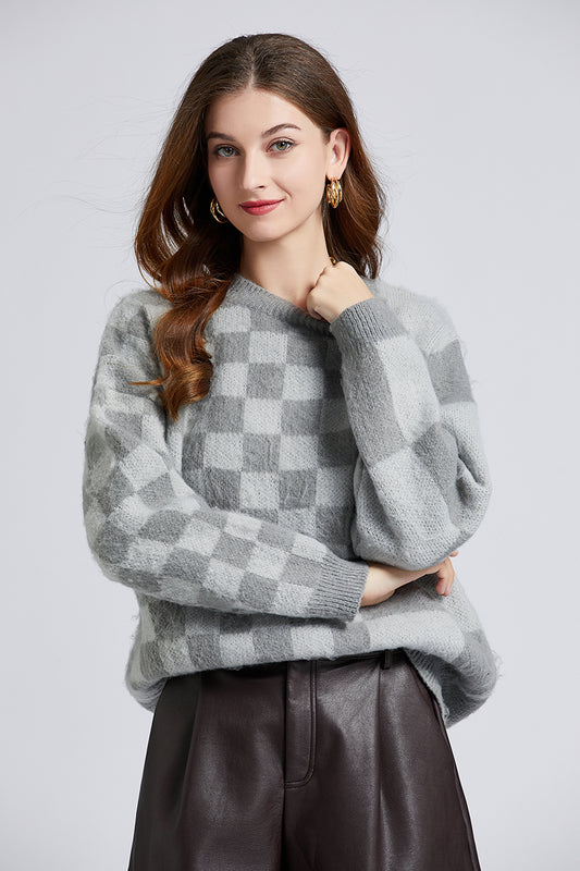 Women New Autumn And Winter Retro Irregular Checkerboard Loose Lazy Mohair Sweater