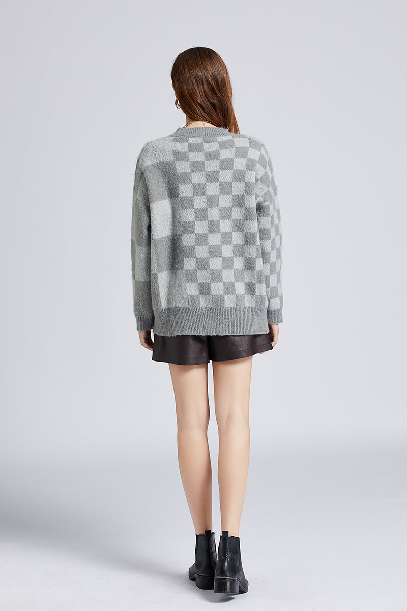 Women New Autumn And Winter Retro Irregular Checkerboard Loose Lazy Mohair Sweater