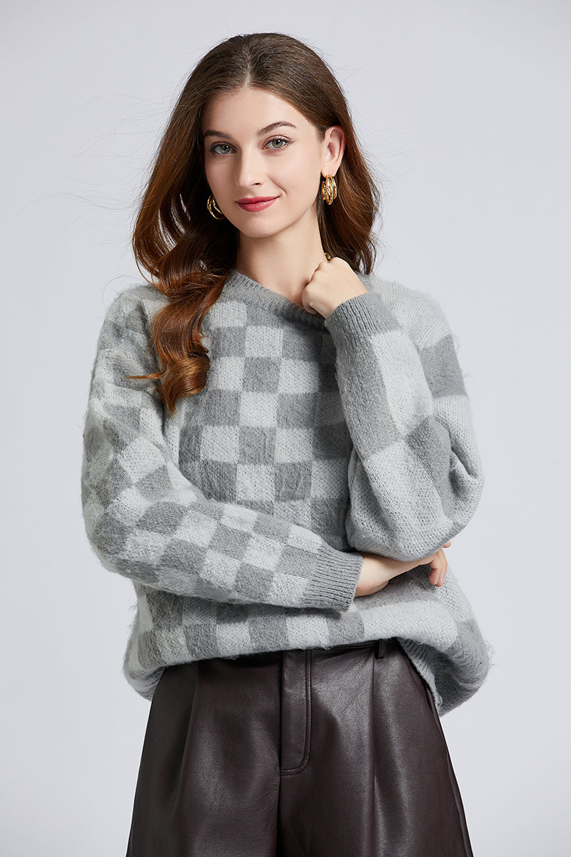 Women New Autumn And Winter Retro Irregular Checkerboard Loose Lazy Mohair Sweater