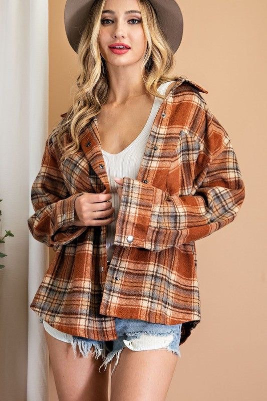 Women Clothing Autumn Winter Plaid Coat Casual Loose Lapels Woolen Coat