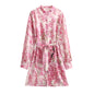 Summer Women  Clothing Shirt Tie Shoulder Floral Long Sleeve Printed Slim Dress