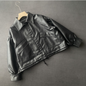 Single Breasted Women Loose Faux Leather Large Pocket Leather Jacket Coat Drawstring at Hem