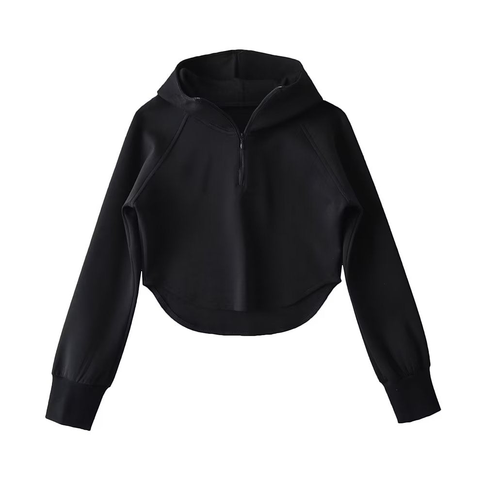 Profile Hooded Sweater Simple Casual Women Clothing Autumn Half Zipper Curved Short Top