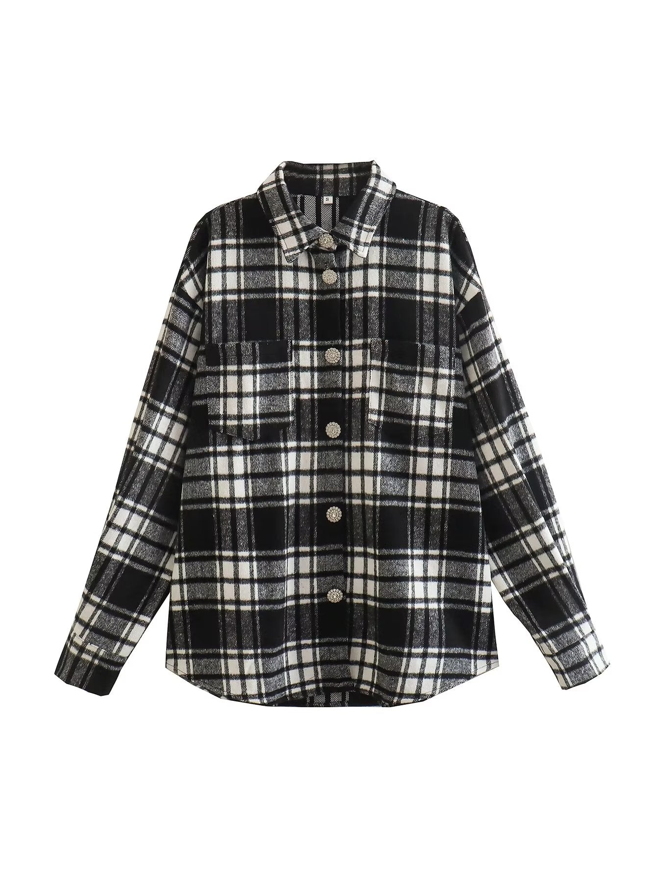 Autumn Winter Women Clothing Gem Ornament Black White Plaid Shacket