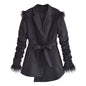 Cosmo Lady Autumn Blazer Collar Long Pleated Sleeve Personality Ostrich Fur Stitching Solid Color Coat