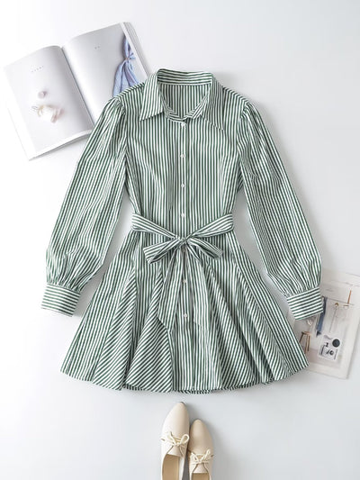 Elegant Dark Green Striped  Collared Single Breasted Waist Lace up Long Sleeve A line Dress Women Office