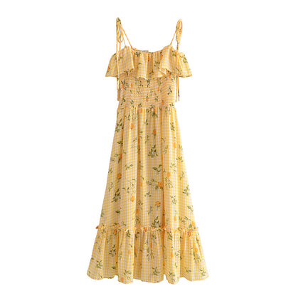 Less Vacation Lace up Midi Dress French Vintage Little Fresh Lemon Plaid Printing Slip Dress