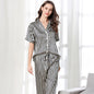 Pajamas Women Summer Short Sleeve Imitated Silk Pajamas Lace-up Trousers Cardigan Loose Home Wear