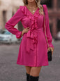 Autumn Winter Women Clothing Ruffled V neck Printed Solid Color Dress