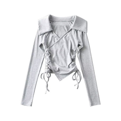 Winter Expert Large Collared Two Sides Drawstring Criss Cross V neck Long Sleeve Bottoming Shirt