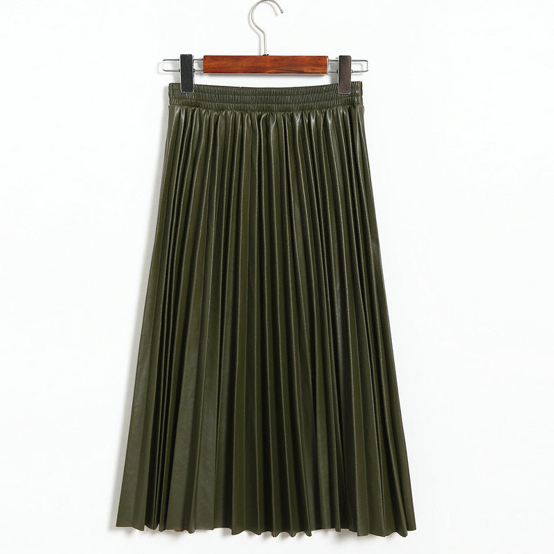 Autumn Winter Korean Fashionable Faux Leather Pleated Leather Skirt High Waist Mid Length Pleated Umbrella Skirt