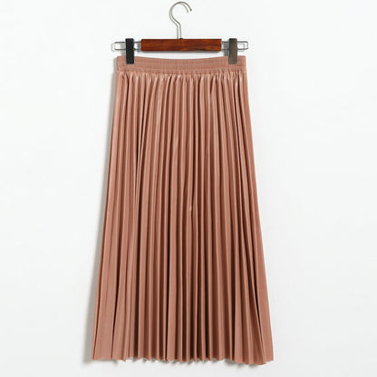 Autumn Winter Korean Fashionable Faux Leather Pleated Leather  Skirt High Waist Mid Length Pleated Umbrella Skirt