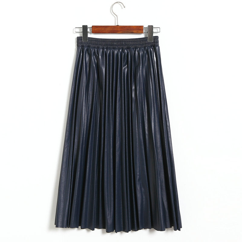 Autumn Winter Korean Fashionable Faux Leather Pleated Leather  Skirt High Waist Mid Length Pleated Umbrella Skirt