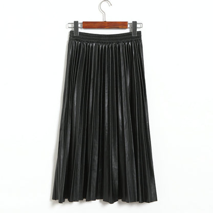 Autumn Winter Korean Fashionable Faux Leather Pleated Leather  Skirt High Waist Mid Length Pleated Umbrella Skirt