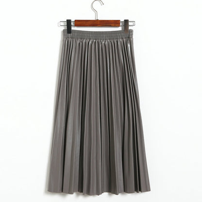 Autumn Winter Korean Fashionable Faux Leather Pleated Leather Skirt High Waist Mid Length Pleated Umbrella Skirt