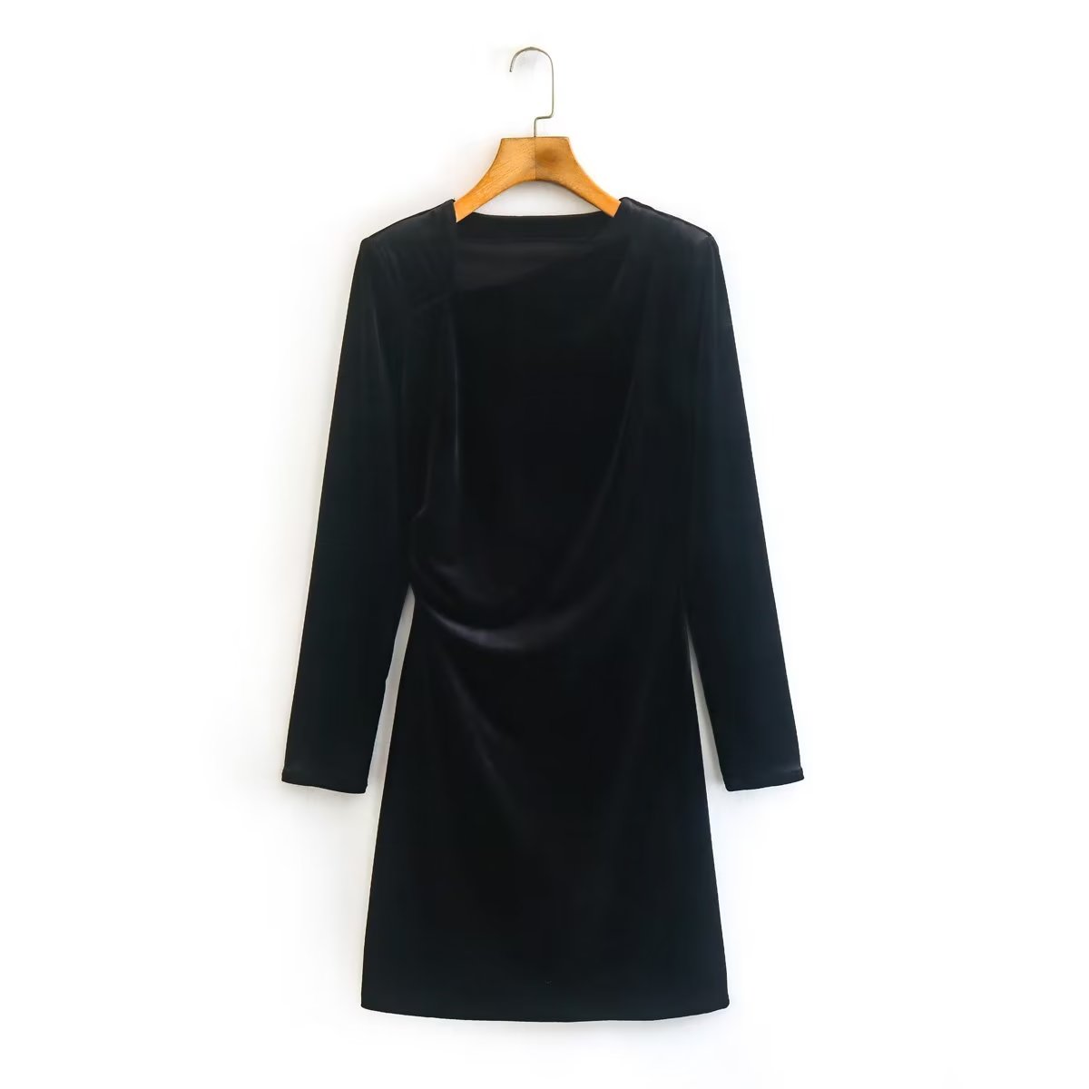 Winter Elegant Irregular Asymmetric Collar Pleated Velvet Dress Women