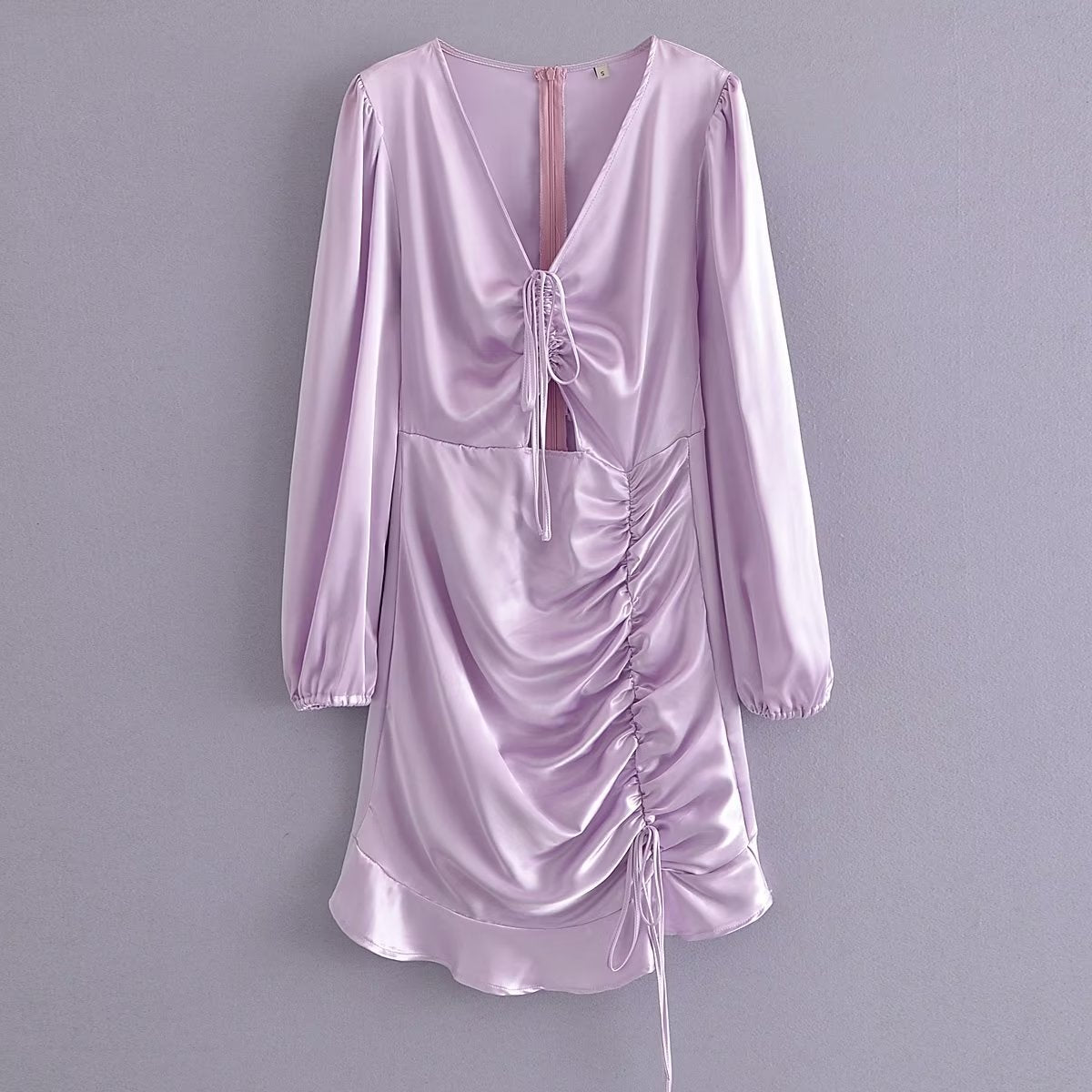 Autumn Winter Pink Long Sleeve Pleating Satin Dress Women Casual Dress Loose