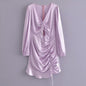 Autumn Winter Pink Long Sleeve Pleating Satin Dress Women Casual Dress Loose