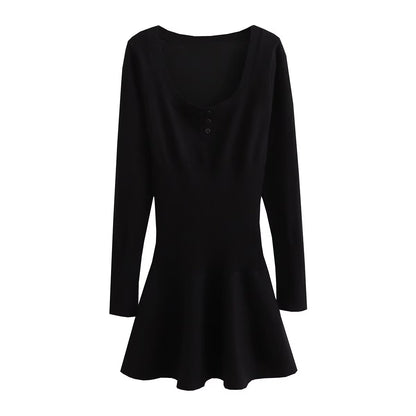 Winter Big U Neck Thread Cinched Waist Slim Fit Buckle Long Sleeve Knitted Lace Dress