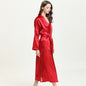 Women Pajamas Emulation Silk Nightgown Lace-up Sexy Long Robe Bathrobe Solid Color Homewear