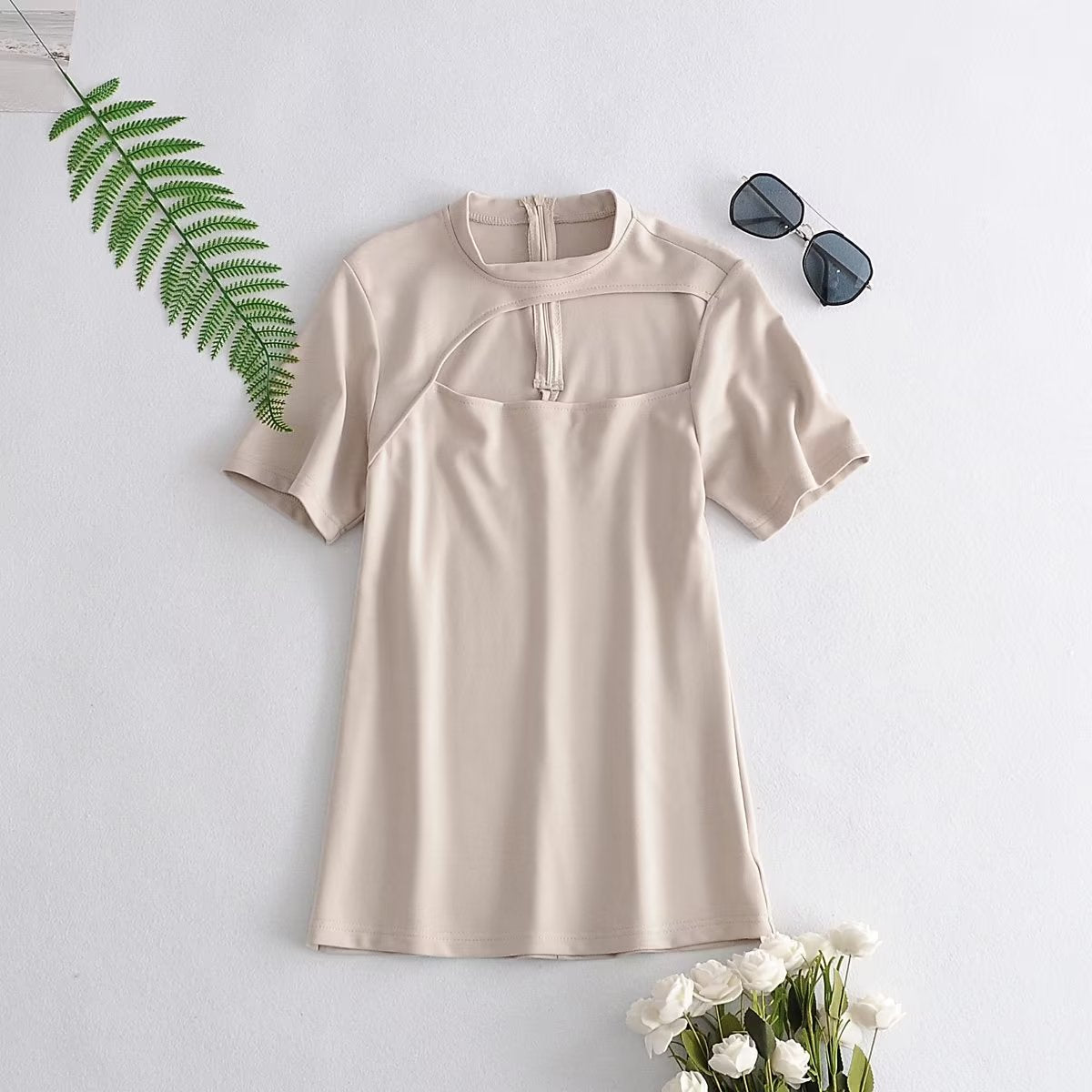 Autumn Women Halter Irregular Asymmetric Short Sleeve T shirt