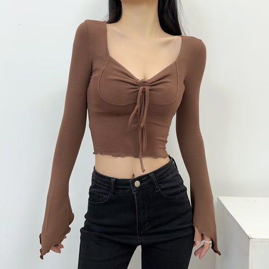 Blogger Sexy Low Cut Drawstring Ruffle Solid Color Fur Bottoming Shirt Women Niche Long Sleeved T shirt Top