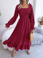 Spring Summer Casual Square Collar Flare Large Swing Ruffled Maxi Dress Women Clothing