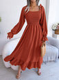 Spring Summer Casual Square Collar Flare Large Swing Ruffled Maxi Dress Women Clothing